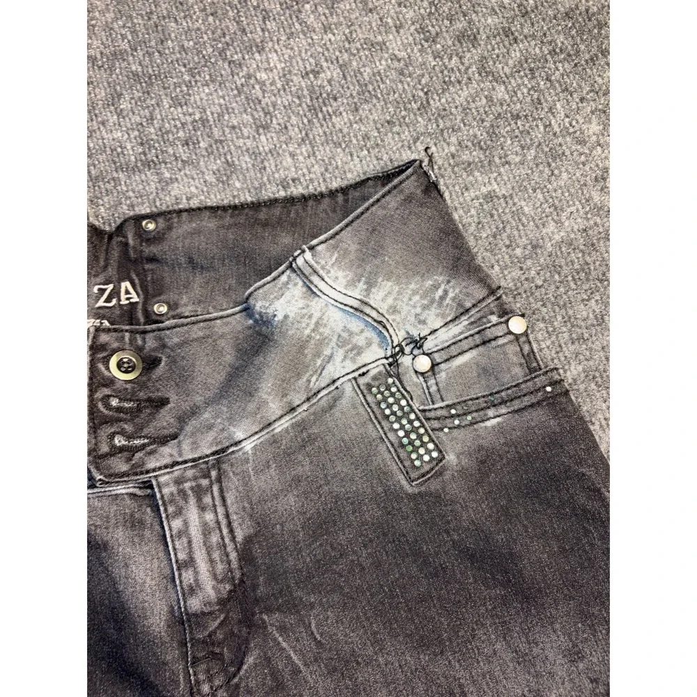 SAZA Skinny Jeans Womens 17 Gray Rhinestone Embellished Lace Up Back Button Fly‎
